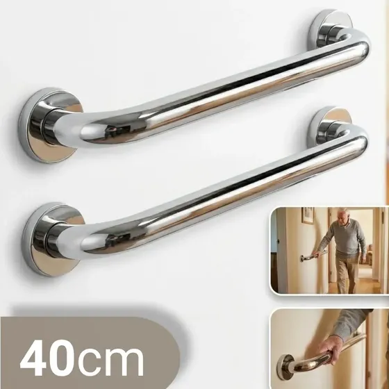 Kit 2 Barras De Apoio Acessibilidade Para Idoso Deficiente Em Aço Inoxidável Alça 40cm