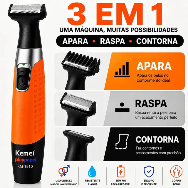 Barbeador Elétrico Kemei KM-1910 Aparador Depilador De Pelos Íntimos Corpo Masculino Feminino Recarregável Sem Fio USB Com 4 Pentes Resistente À Água