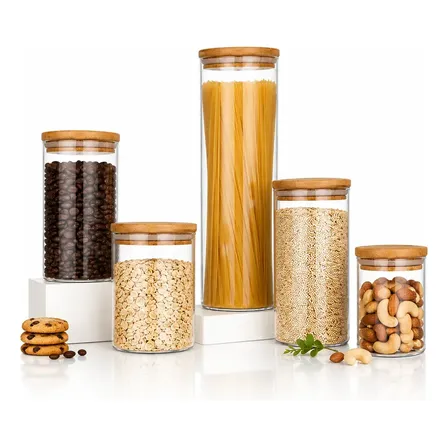 Kit 5 Potes Mantimentos Vidro Herméticos Com Tampa Bambu Alta Resistência Epsilon