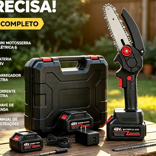 Motosserra Elétrica A Bateria 48v De Lítio 4 E 6 Polegadas Sem Fio, 2 Baterias Com Case, Portátil Para Podar Árvores E Cortar Lenha Preto