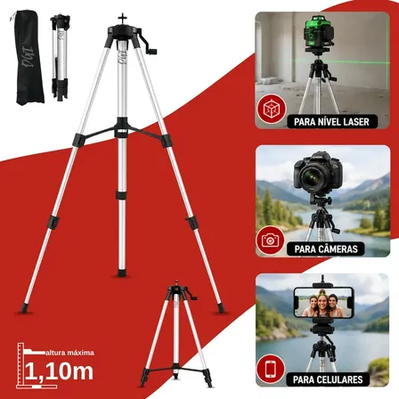 Tripé Para Nível Laser Câmera Rosca 1/4 1,1m Universal Regulavel Digital Informatica