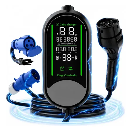 7kw 32a Carregador Veicular Elétrico Portátil Tipo 2 Bivolt 110-220v Tela Lcd Grande Corrente Ajustável 10a/16a/24a/32a Cabo 5m Kuerl Recarga Programada Carregador Ev Veicular Rápido