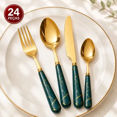 Jogo Talheres Faqueiro Luxo Dourado Aço Inox 24 Peças Cozinha