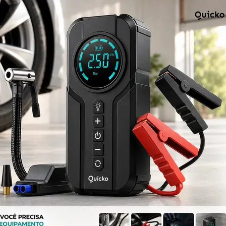 Bomba De Ar Elétrica Portátil Compressor Calibrador De Pneus Digital Para Carro Moto Bicicleta Inflador Recarregável Auxiliar De Partida Bateria Power Bank Celular Emergência Automotiva Quicko