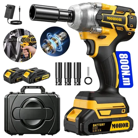 Chave De Impacto profissional 800N.m MOHOR 48V Brushless Motor Com 2 Baterias Sem Fio E Maleta