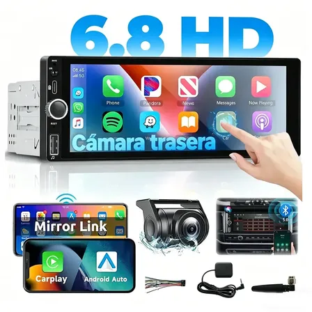 Central Multimídia Automotiva 1 Din 6,86 Pol Tela Ips Carplay Sem Fio Sem Fio Bluetooth 5.1 Rádio Fm Controle Volante Usb Tipoc Saída Vídeo Universal Single Din Preto