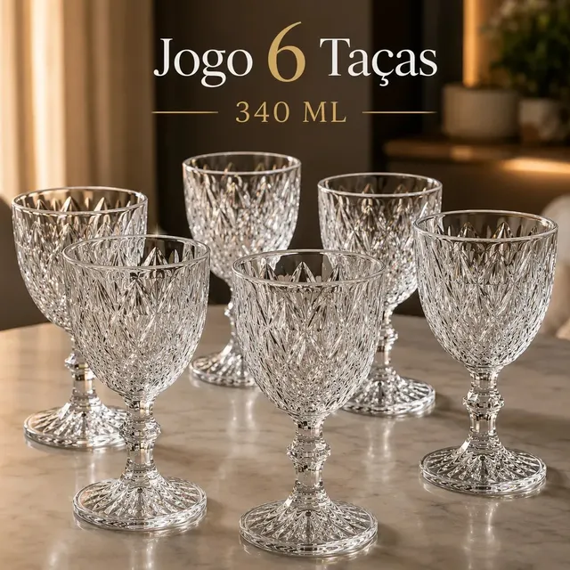 Jogo 6 Taças De Vidro Diamond Cristal 340 ML Luxo Elegante Agua Suco Vinho Champanhe Restaurante Bar Adega