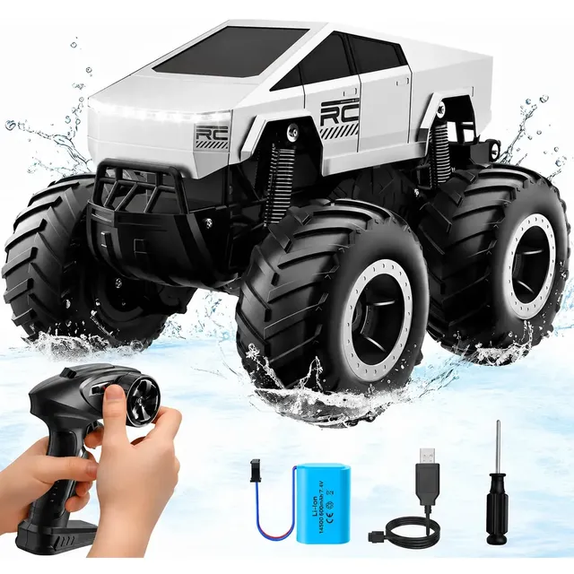 Carrinho Controle Remoto Anfíbio Cybertruck 4x4 Gira 360 Graus Off Road Pickup Terra e Água Flutua Lama Areia Escala 1:16 Bateria de Lítio Recarregável Monster Truck Kizumba