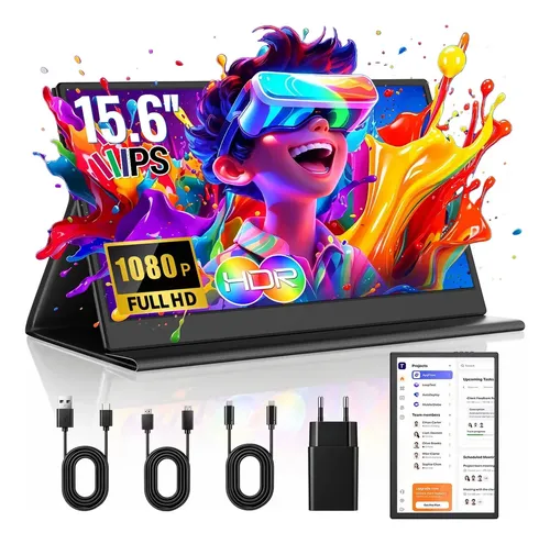 Monitor Portátil 15,6'' FHD 1080P IPS Maizhelun, Monitor Gamer Ultra Slim USB-C e HDMI, Alto-Falantes Integrados, Capa Protetora, Tela Secundária para Notebook PC Mac Celular PS5/4 Xbox Switch
