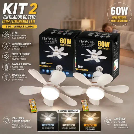 Kit 2 Ventiladores de Teto com Luminária LED 60W Controle Remoto 6 Pás Silencioso Soquete E27 3 Cores de Luz Ideal para Quarto Sala Cozinha e Quarto de Bebê - Marca Greendles