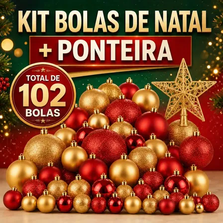 Kit Bolas de Natal com Ponteira Estrela 103 Peças Enfeites para Árvore Vermelho Dourado Fosco Brilhante Glitter