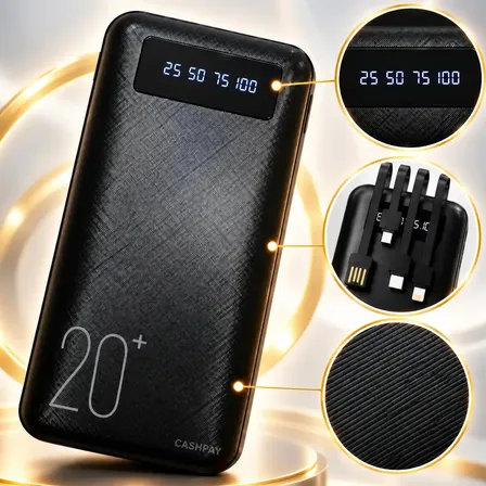 Power Bank 20000mAh Turbo Carga Rápida 4 Cabos Integrados Display Digital Lanterna LED Alça Carregador Portátil Proteção Sobrecarga Cashpay Para Celular Viagem Preto