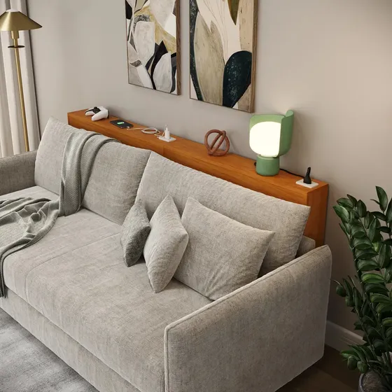 Aparador Console de Sofá Mesa de Apoio Nature Slim com Tomada Embutida 10A, Cabo 1,8m, 90cm de Largura, 75cm de Altura e 11cm de Profundidade, Mesa Lateral para Sala Moderna