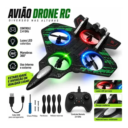Drone Aviao de Controle Remoto Bateria Design Crianças Iniciantes Avião Rc Com Luz Combat Aircraft Controle Remoto 2.4ghz 4 Motores Recarregavel
