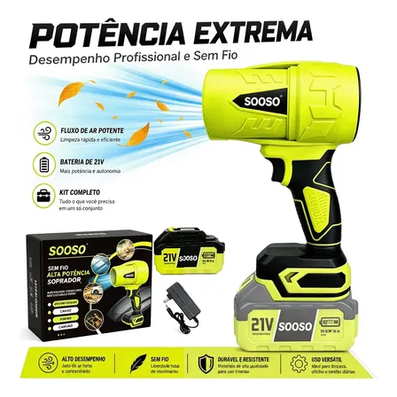 Sooso Soprador De Ar Turbo 21v Alta Potência Sem Fio Recarregável Portátil Para Carro Casa Jardim Pc Eletrônicos Folhas Poeira Verde 127/220v