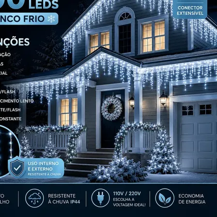 Cascata Natal Com 8 Funções Branco Frio 400 Leds 10 Metros Extensível Macho Fêmea A Prova D'agua Área Interna E Externa Laruno 127v