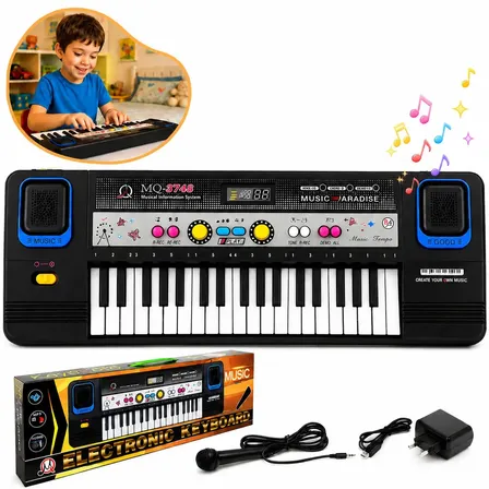 Teclado Piano Musical 37 Teclas Infantil Com Microfone Educativo Iniciante Com Fonte Kizumba Preto