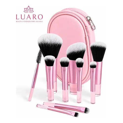 Kit 10 Mini Pincéis Para Maquiagem De Bolsa Com Estojo Rosa