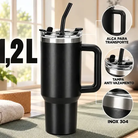 Sólar Variedades Utensílios Copo Térmico 1,2l Caneca Preto Lisa