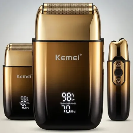 Barbeador Elétrico Shaver Tx10 Profissional | Kemei | Dourado | 2h Bateria Sem Fio Bivolt | Display Digital | Acabamento Perfeito | 3 Velocidades | Máquina Barba Cabeça Homem | Dourado-escuro 127/220v