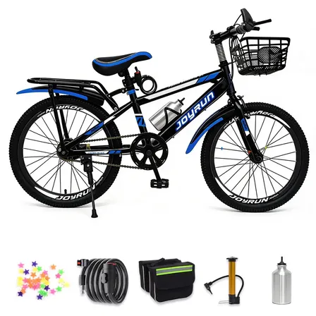 Bicicleta Aro 20 Infantil Cor Azul, Bike Nova Monovelocidade com Freios em Liga, Cesta, Assento Traseiro, Kit Proteção, Garrafa, Cadeado, Bomba e Decoração de Raio