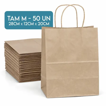 Kit 50 Sacolas De Papel Kraft Monolúcido Tamanho M Médio 20x12x28 Alça Torcida Reforçada Embalagem Ecológica Presentes Lojas Comércio Delivery Sacola Kraft Resistente Pequena Atacado Mimosidades