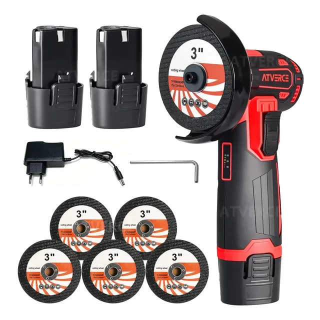 Mini Esmerilhadeira Angular Atverce A Bateria 12v Com 2 Baterias E 5 Discos De 3 Vermelho 127/220v