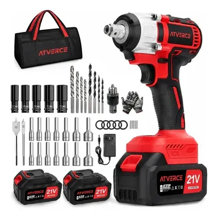 Chave De Impacto Atverce Sem Fio 1/2 De 320 Nm Com Motor Brushless, 2 Baterias E Kit De Acessórios Bordô