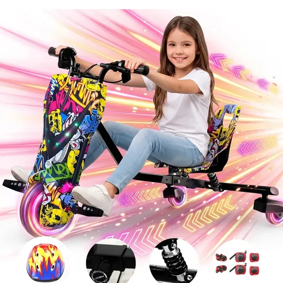 Triciclo de Drift Elétrico Grande 36V Capacidade de carga de 90 kg conta com sistema de amortecimento, freio de mão, luzes LED e Bluetooth, inclui equipamentos de proteção, A melhor opção de brinquedo