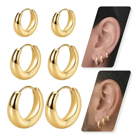 Kit Trio com 3 Pares de Brincos de Argola Gota Lisos com Fecho Click, Femininos e Masculinos, em Aço Inoxidável Semijoia Folheado a Ouro 18K, Antialérgicos, Tamanhos P, M e G para 1º, 2º e 3º Furo