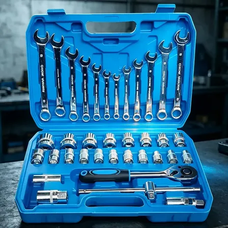 Kit Jogo Soquete E Chave Combinada Catraca 37 Pcs Azul