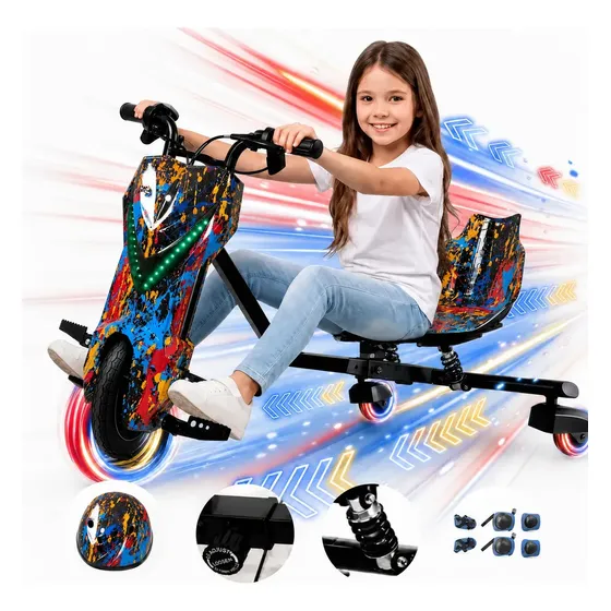Triciclo de Drift Elétrico Grande 36V Capacidade de carga de 90 kg conta com sistema de amortecimento, freio de mão, luzes LED e Bluetooth, inclui equipamentos de proteção, Grafite colorido