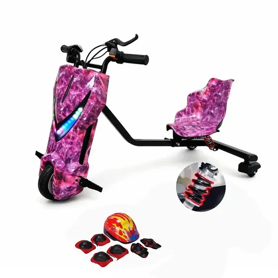 Triciclo De Drift Elétrico Grande 36v Capacidade De Carga De 90 Kg Conta Com Sistema De Amortecimento, Freio De Mão, Luzes Led E Bluetooth, Inclui Equipamentos De Proteção, Céu Estrelado Roxo Violeta