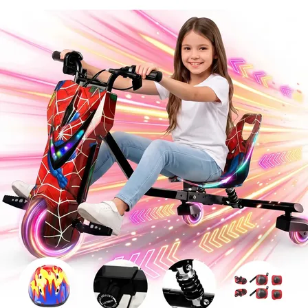 Triciclo de Drift Elétrico Grande 36V Capacidade de carga de 90 kg conta com sistema de amortecimento, freio de mão, luzes LED e Bluetooth, inclui equipamentos de proteção, cor Aranha Vermelha