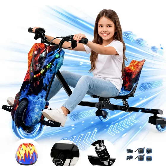 Triciclo De Drift Elétrico Grande 36v Capacidade De Carga De 90 Kg Conta Com Sistema De Amortecimento, Freio De Mão, Luzes Led E Bluetooth, Inclui Equipamentos De Proteção, Gelo E Fogo