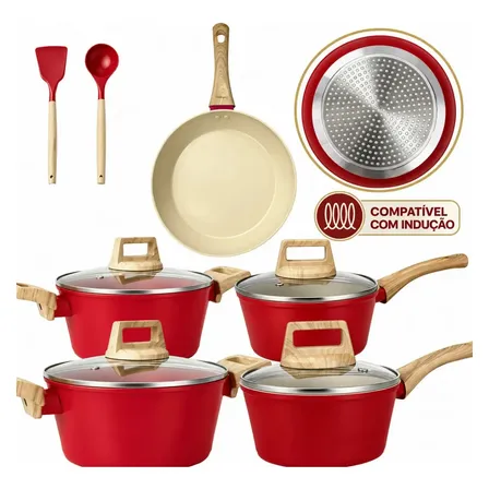 Jogo De Panelas Cerâmico Antiaderente Indução 7 Peças 2.5mm Vermelho