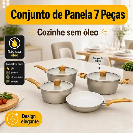 Conjunto De Panelas 7 Peças Cerâmica Antiaderente Premium Fogão Gás Cooktop Indução Elétrico Vitrocerâmico Caçarola... Creme