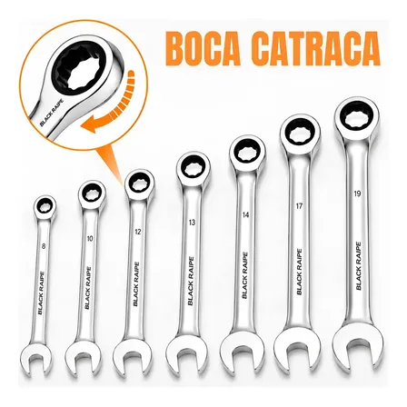 Jogo De Chaves Combinadas Com Catraca Black Raipe Em Aço Cromo Vanádio 7 Peças Prateado