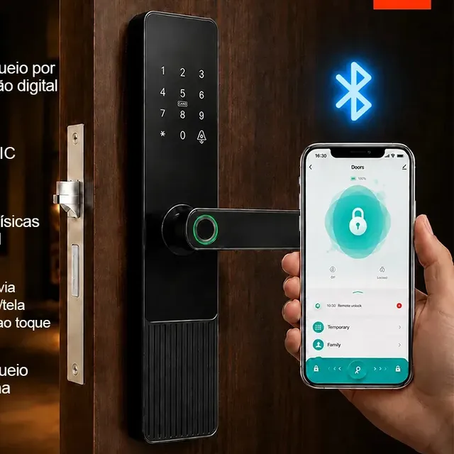Fechadura Eletrônica Digital Com Biometria,Tuya App Bluetooth, Senha, Cartão IC,Chave Touch Anti-espião Inteligente Preta Para Porta (casa/apartamento/hotel)