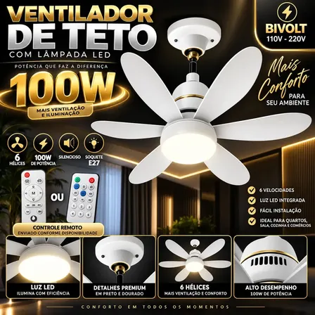 Novo Ventlador Teto 100 6 Hélices com Controle Ajustável Bivolt E27 Lâmpada Led Silencioso
