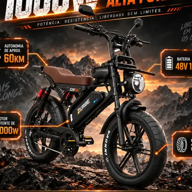 Zurbe Bicicleta Elétrica Bike S20 Pro 1000W 32km/h 60km Autonomia Pneu Slick Aro 20 Bateria Lítio Removível 48V 18.2Ah Suporta 150kg Trava na roda Antifurto Freio A Disco Cartão NFC Preto Banco Marrom