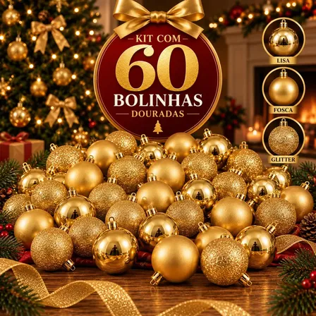 Kit 60 Bolas De Natal 5cm Lisas Fosca E Com Glitter Douradas Enfeites Para Árvore De Natal Decoração Natalina Bolinhas Natalinas Bkl Dourada