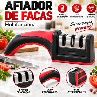 Afiador Amolador de Facas 3 em 1 Manual 3 Estágios Aço Inox Cerâmica Base Antiderrapante Cabo Ergonômico Multifuncional para Cozinha