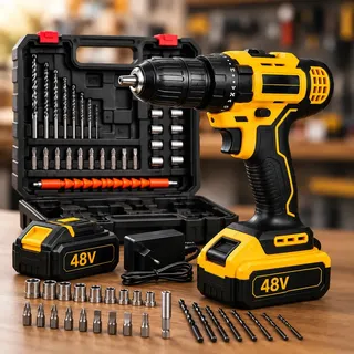 Parafusadeira Furadeira Impacto Sem Fio 2 Baterias 48V Profissional Bivolt Maleta Kit Completo Acessórios LED Eixo Flexível Torque Ajustável Velocidade Variável Reversível Mandril 10mm Brocas Hardline