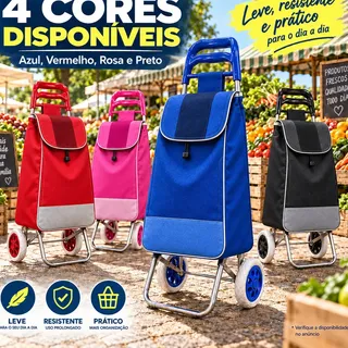 Carrinho de Feira Compras Dobrável 30kg 2 Rodas Sacola 100% Poliéster Bolso Traseiro com Zíper Mercado Supermercado Azul