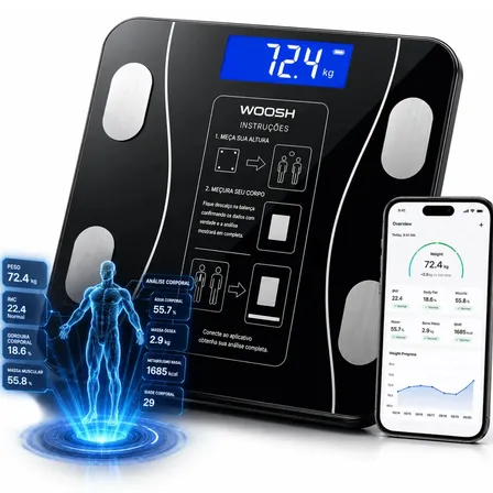 Balança Digital Bioimpedância Profissional Smart IMC 180kg Bluetooth Corporal Aparelho Alta Capacidade Aplicativo App para Android e para IOS Balança De Banheiro Academia Woosh