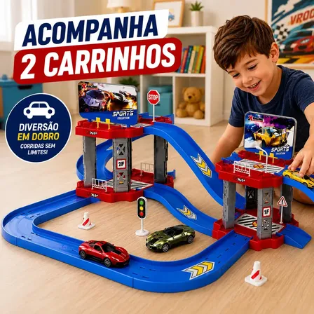 Pista De Carrinhos Infantil Com 2 Carrinhos Inclusos, Rampa Em Espiral, Garagem, Placas, Cones E Brincadeira De Corrida