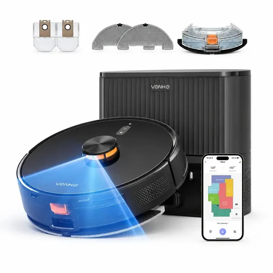 Robô Aspirador Vonko S6 Max 8000pa Com Lidar 2.0, Base Autoesvaziante 2.5l, Aspira E Passa Pano, App, Alexa, Google Assistant, Até 180min, Preto 127v