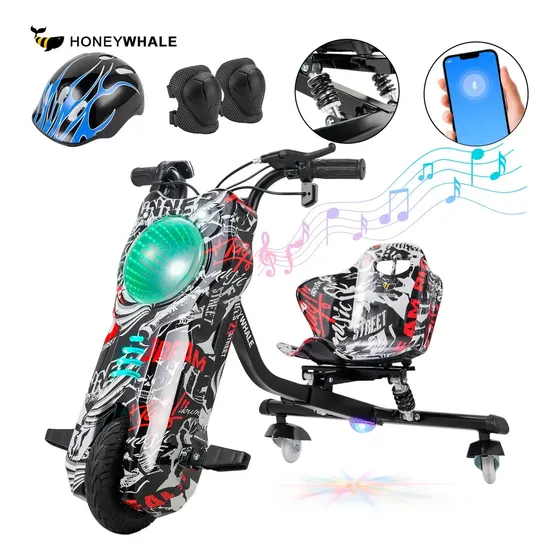 Honeywhale 007B Triciclo Elétrico Drift Infantil, 350w-75min-15km-70kg-20km/h, Com Bluetooth E LED, Com Suspensão, Pneu 8", Adequada Para Crianças De 5 A 12 Anos, Honey Whale (36v, 3.6ah) Preto