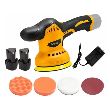 Lixadeira Politriz 2 Em 1 Automotiva Multifunções Profissional 5000rpm 125mm Ferramenta Elétrica De Mão Acessórios Roto Orbital Sem Fio 12v Com 2 Baterias Amarelo Arstheco 127/220v